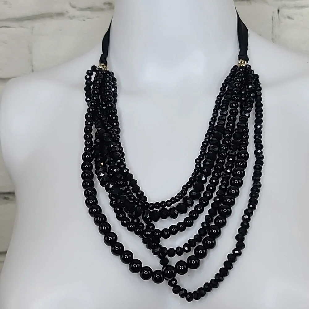 Ann Taylor Loft Elegant Black Beaded Multi Strand Layered Statement Bib Necklace